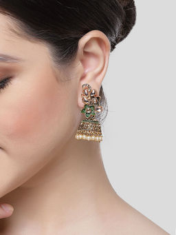 Karatcart - Antique Gold Plated Green Meena Floral Dangler Earrings for Women