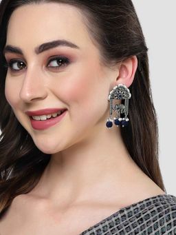 Karatcart - Oxidised Silver Blue Beads Elephant Design Dangler Earrings for Women