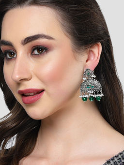 Karatcart - Oxidised Silver Green Beads Peacock Design Dangler Earrings for Women