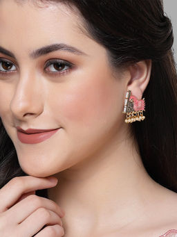 Karatcart - Gold Plated Pink Meena Peacock Design Drop Earrings for Women