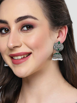 Karatcart - Oxidised Silver Green Stone and Pearl Jhumka Earrings for Women