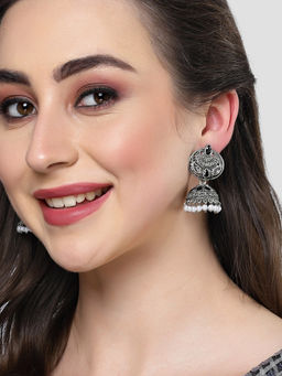 Karatcart - Oxidised Silver Black Stone and Pearl Jhumka Earrings for Women