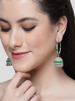 Karatcart - Silver Plated Green Cubic Zirconia Studded Hoop Jhumki Earrings for Women