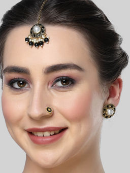 Karatcart - Gold Plated Black Stone and Beads Studded Earrings with Maangtikka & Nose Pin