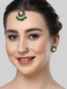 Karatcart - Gold Plated Green Stone and Beads Studded Earrings with Maangtikka & Nose Pin