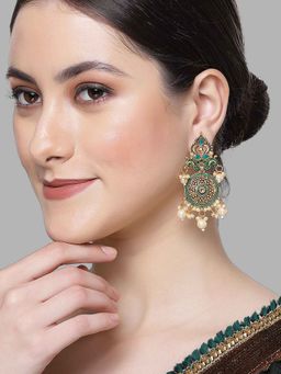 Karatcart - Gold Plated Green Meena Kundan Dangler Earrings for Women