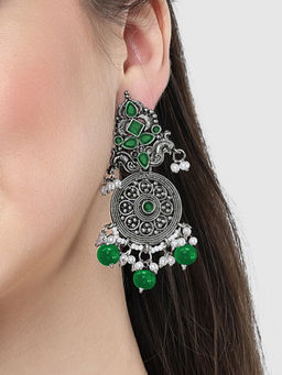Karatcart - Oxidised Silver Green Stone Chakra Design Dangler Earrings for Women