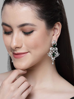 Karatcart - Silver Plated Green Cubic Zirconia Studded Drop Earrings for Women