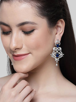 Karatcart - Silver Plated Blue Cubic Zirconia Studded Drop Earrings for Women