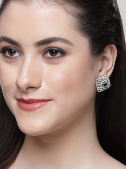 Karatcart - Silver Plated Green Cubic Zirconia Stud Earrings for Women