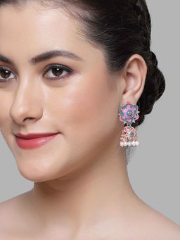 Karatcart - Rose Gold Plated Floral Design Blue and Pink Meena Jhumki Earrings for Women