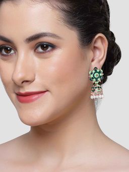 Karatcart - Rose Gold Plated Floral Design Green Meena Jhumki Earrings for Women