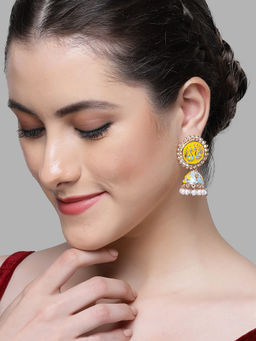 Karatcart - Rose Gold Plated Peacock Design Yellow and Blue Meena Jhumki Earrings for Women