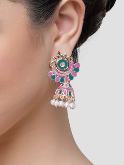 Karatcart - Rose Gold Plated Pink and Blue Meena Jhumki Earrings for Women