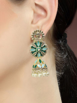 Karatcart - Gold Plated Floral Design Green and Light Blue Meena Jhumki Earrings for Women