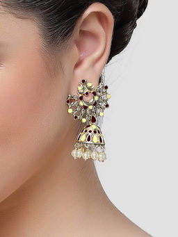 Karatcart - Gold Plated Brown and Cream Meena Jhumki Earrings for Women