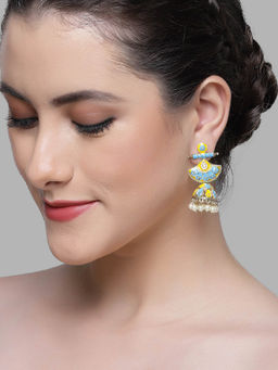 Karatcart - Gold Plated Yellow and Light Blue Meena Jhumki Earrings for Women