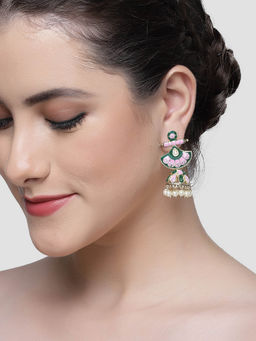 Karatcart - Gold Plated Pink and Teal Meena Jhumki Earrings for Women