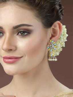 Karatcart - Gold Plated Light Blue and Yellow Meena Jhumki Earrings for Women
