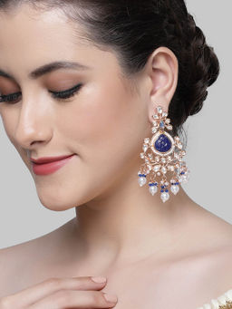 Karatcart - Rose Gold Plated Blue Carved Stone Kundan Drop Earrings for Women