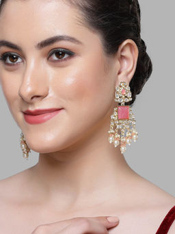 Karatcart - Gold Plated Pink Carved Stone Kundan Drop Earrings for Women