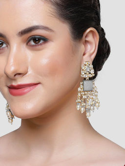 Karatcart - Gold Plated Grey Carved Stone Kundan Drop Earrings for Women