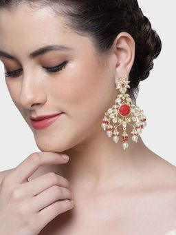 Karatcart - Gold Plated Red Carved Stone Kundan Dangler Earrings for Women