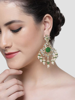 Karatcart - Gold Plated Green Carved Stone Kundan Dangler Earrings for Women
