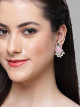 Karatcart - Silver Tone Pink Carved Stone Studded Stud Earrings for Women