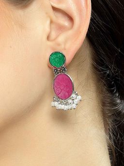 Karatcart - Silver Tone Oval Shape Green & Pink Carved Stone Studded Drop Earrings for Women