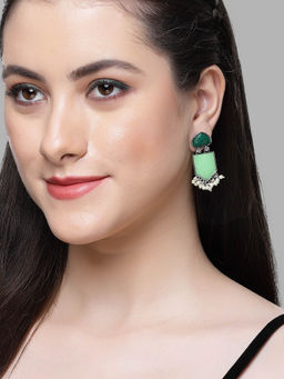 Karatcart - Silver Tone Lime Green Carved Stone Studded Drop Earrings for Women