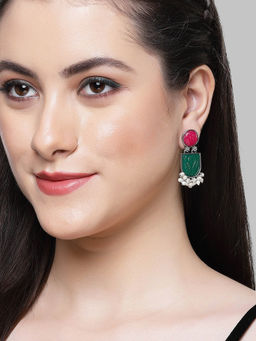 Karatcart - Silver Tone Pink and Green Carved Stone Studded Drop Earrings for Women