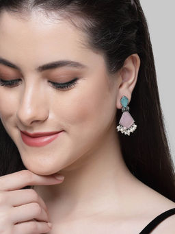 Karatcart - Silver Tone Diamond Shape Peach and Blue Carved Stone Studded Drop Earrings for Women