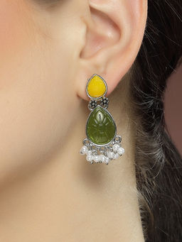 Karatcart - Silver Tone Drop Shape Olive Green and Yellow Carved Stone Studded Dangler Earrings