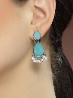 Karatcart - Silver Tone Drop Shape Light Blue Carved Stone Studded Dangler Earrings for Women