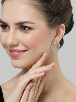 Karatcart - Silver Plated Cubic Zirconia Leaf Design Hoop Earrings for Women