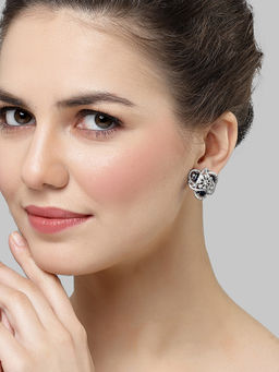 Karatcart - Silver Plated Blue Cubic Zirconia Floral Design Stud Earrings for Women