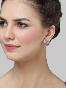 Karatcart - Rose Gold Plated Pink Cubic Zirconia Floral Design Stud Earrings for Women