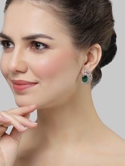 Karatcart - Silver Plated Drop Design Green Cubic Zirconia Stud Earrings for Women