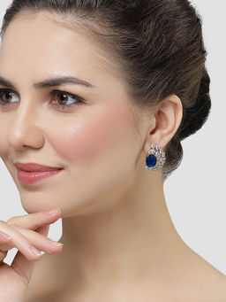 Karatcart - Silver Plated Drop Design Blue Cubic Zirconia Stud Earrings for Women