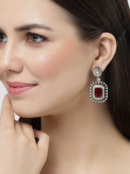 Karatcart - Black Silver Plated Red Cubic Zirconia Studded Drop Earrings for Women