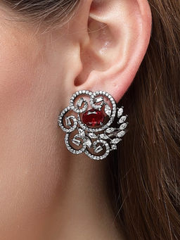 Karatcart - Black Silver Plated Red Oval Cubic Zirconia Floral Design Stud Earrings for Women