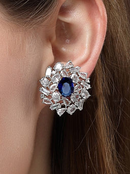 Karatcart - Silver Plated Blue Oval Cubic Zirconia Floral Stud Earrings for Women