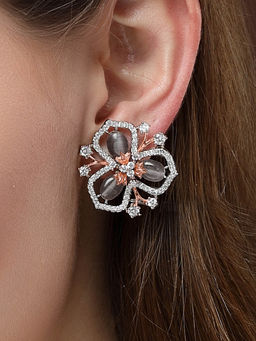 Karatcart - Silver & Rose Gold Plated Grey Stone Floral Design Cubic Zirconia Stud Earrings