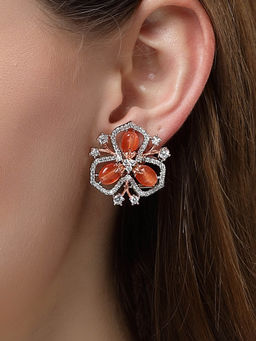 Karatcart - Silver & Rose Gold Plated Orange Stone Floral Design Cubic Zirconia Stud Earrings