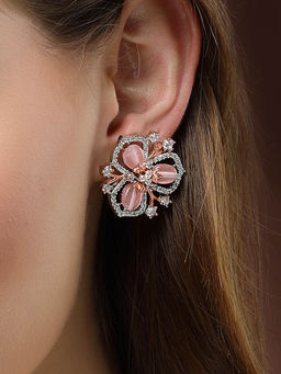 Karatcart - Silver & Rose Gold Plated Pink Stone Floral Design Cubic Zirconia Stud Earrings