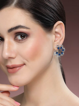 Karatcart - Silver Plated Moon Design Blue Cubic Zirconia Stud Earrings for Women