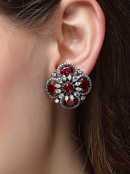 Karatcart - Floral Design Red Cubic Zirconia Studded Black Silver Plated Stud Earrings for Women