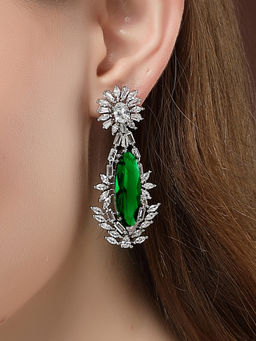 Karatcart - Silver Plated Big Green Cubic Zirconia Studded Drop Earrings for Women