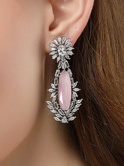 Karatcart - Silver Plated Big Pink Cubic Zirconia Studded Drop Earrings for Women
